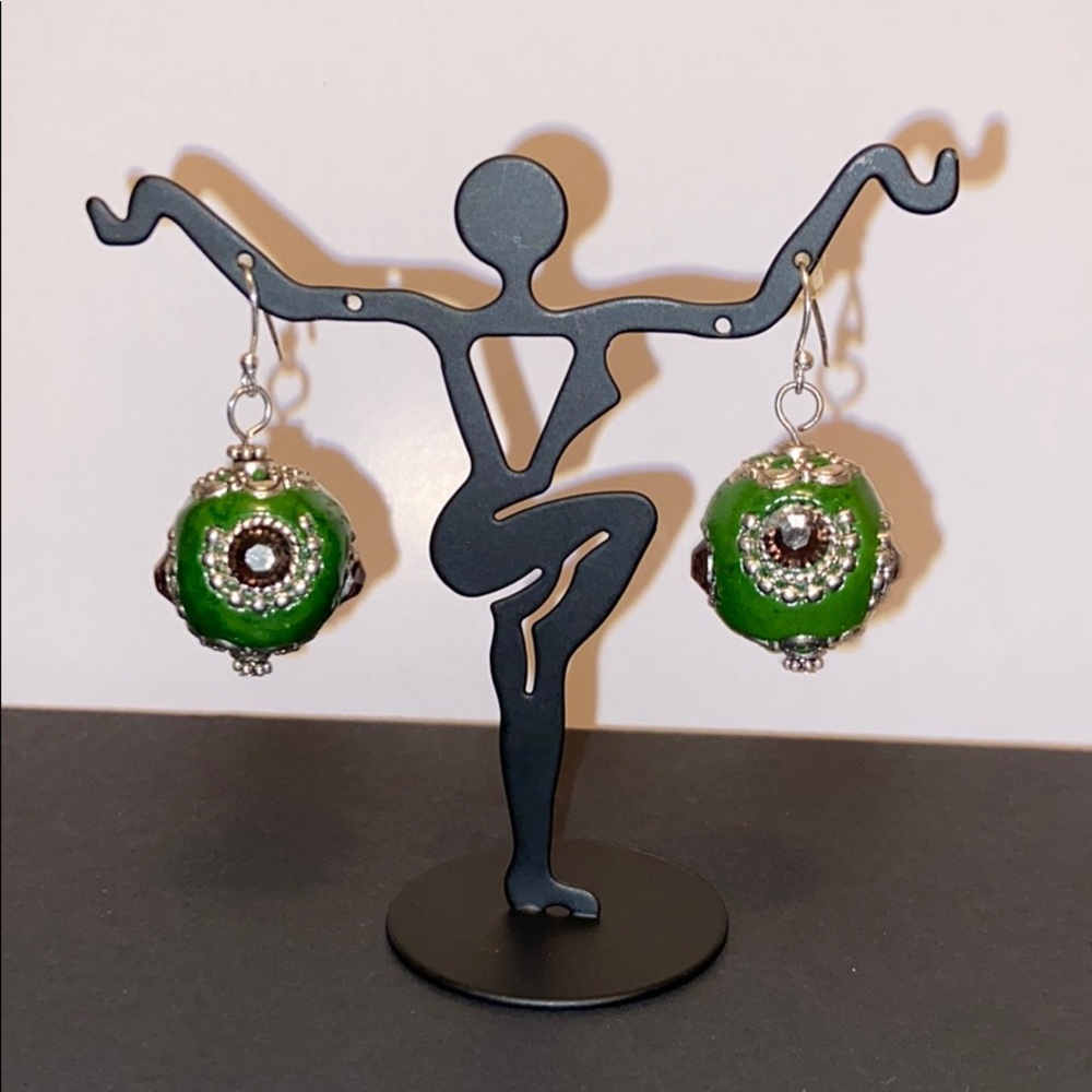 Green, silver, black earrings - handmade